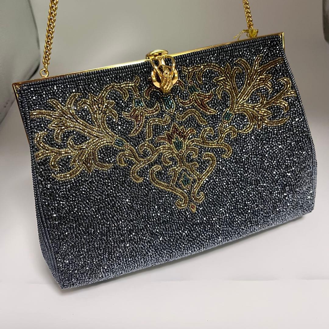 高級ビーズバッグ 新品未使用 がま口 チェーン ブラック系 刺繍 ビンテージ