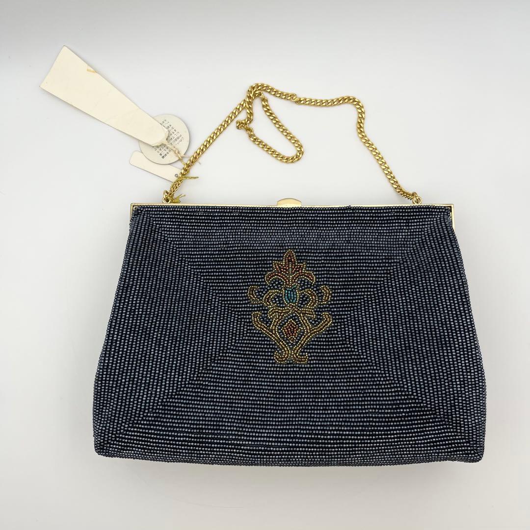 高級ビーズバッグ 新品未使用 がま口 チェーン ブラック系 刺繍 ビンテージ