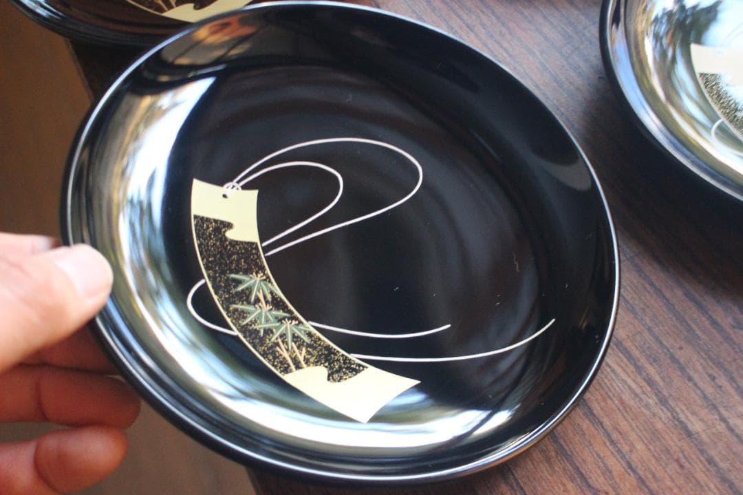 デッドストック！極上黒漆に優美な短冊蒔絵の映える銘々皿6点（検輪島塗蒔絵皿銘々皿