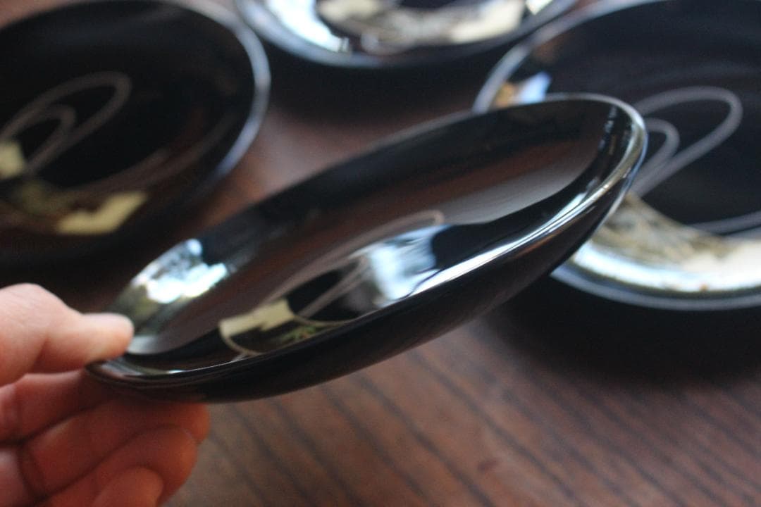 デッドストック！極上黒漆に優美な短冊蒔絵の映える銘々皿6点（検輪島塗蒔絵皿銘々皿