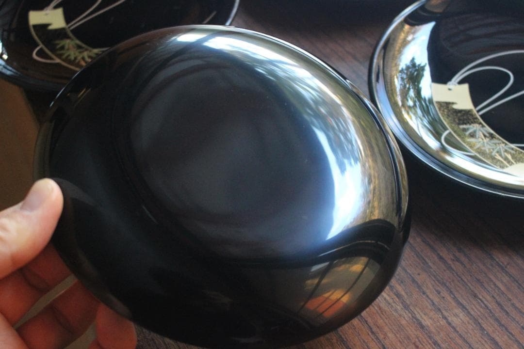 デッドストック！極上黒漆に優美な短冊蒔絵の映える銘々皿6点（検輪島塗蒔絵皿銘々皿