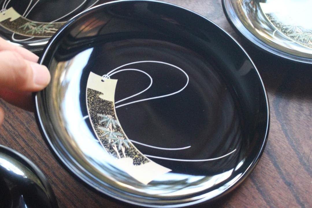 デッドストック！極上黒漆に優美な短冊蒔絵の映える銘々皿6点（検輪島塗蒔絵皿銘々皿