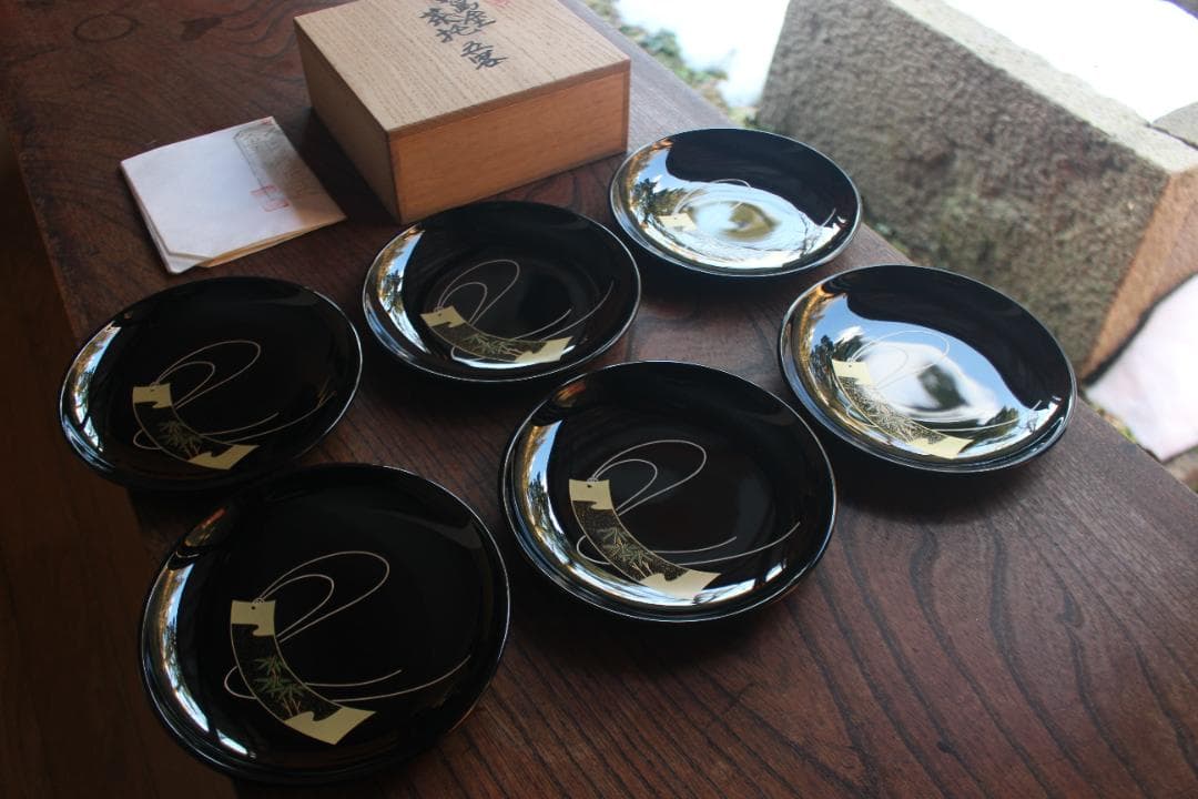 デッドストック！極上黒漆に優美な短冊蒔絵の映える銘々皿6点（検輪島塗蒔絵皿銘々皿