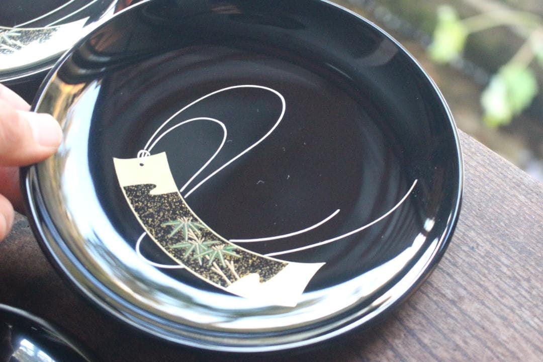 デッドストック！極上黒漆に優美な短冊蒔絵の映える銘々皿6点（検輪島塗蒔絵皿銘々皿