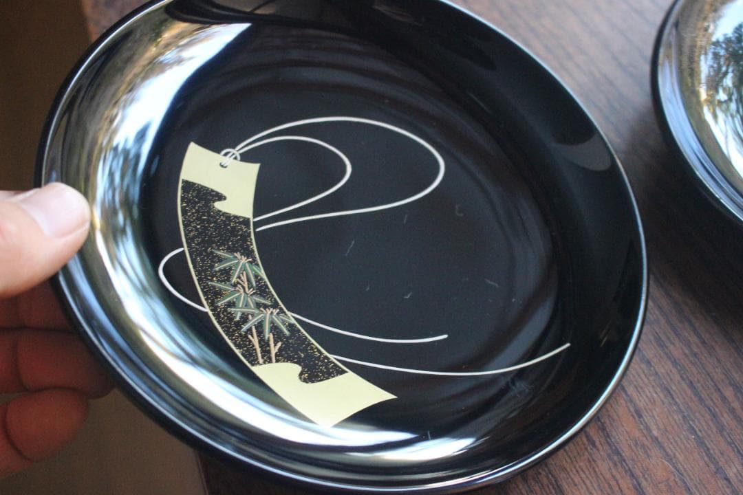 デッドストック！極上黒漆に優美な短冊蒔絵の映える銘々皿6点（検輪島塗蒔絵皿銘々皿