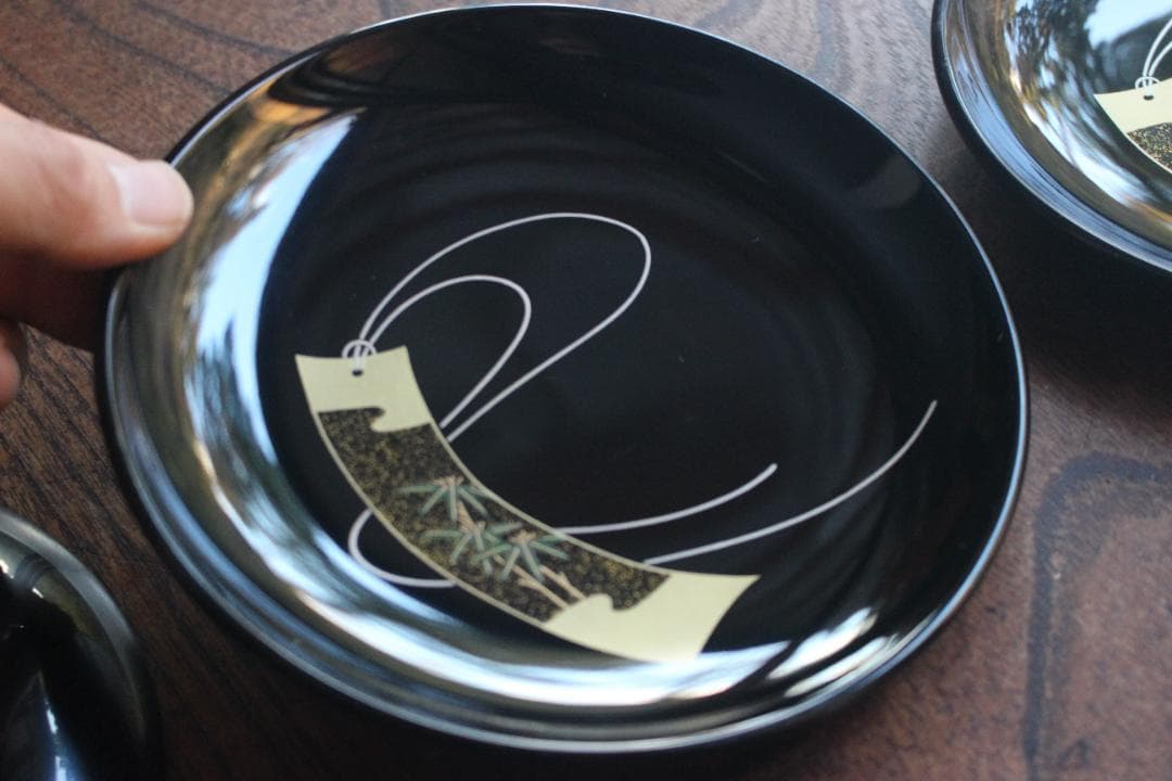 デッドストック！極上黒漆に優美な短冊蒔絵の映える銘々皿6点（検輪島塗蒔絵皿銘々皿