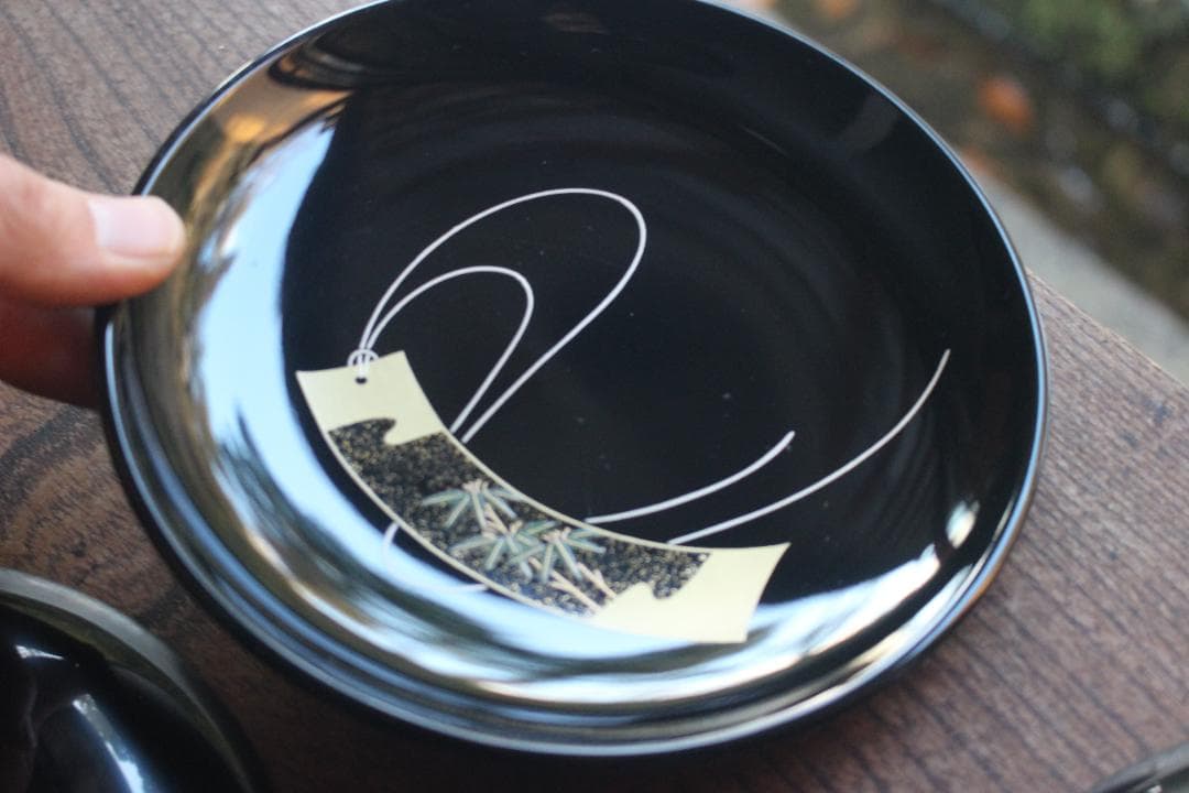 デッドストック！極上黒漆に優美な短冊蒔絵の映える銘々皿6点（検輪島塗蒔絵皿銘々皿