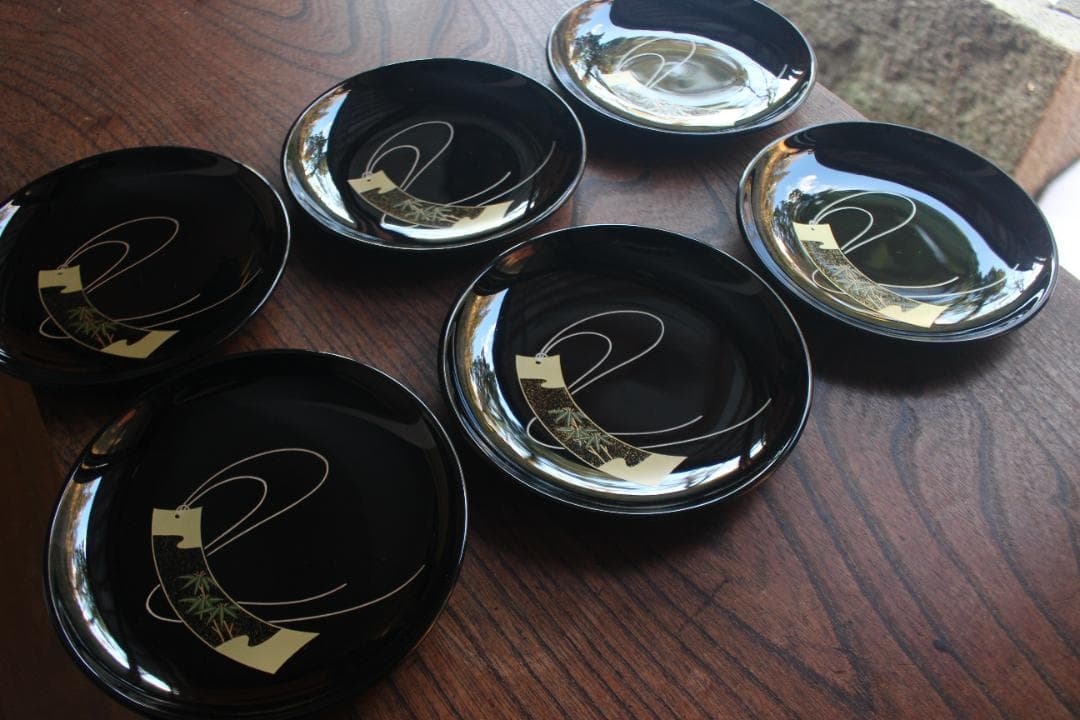 デッドストック！極上黒漆に優美な短冊蒔絵の映える銘々皿6点（検輪島塗蒔絵皿銘々皿