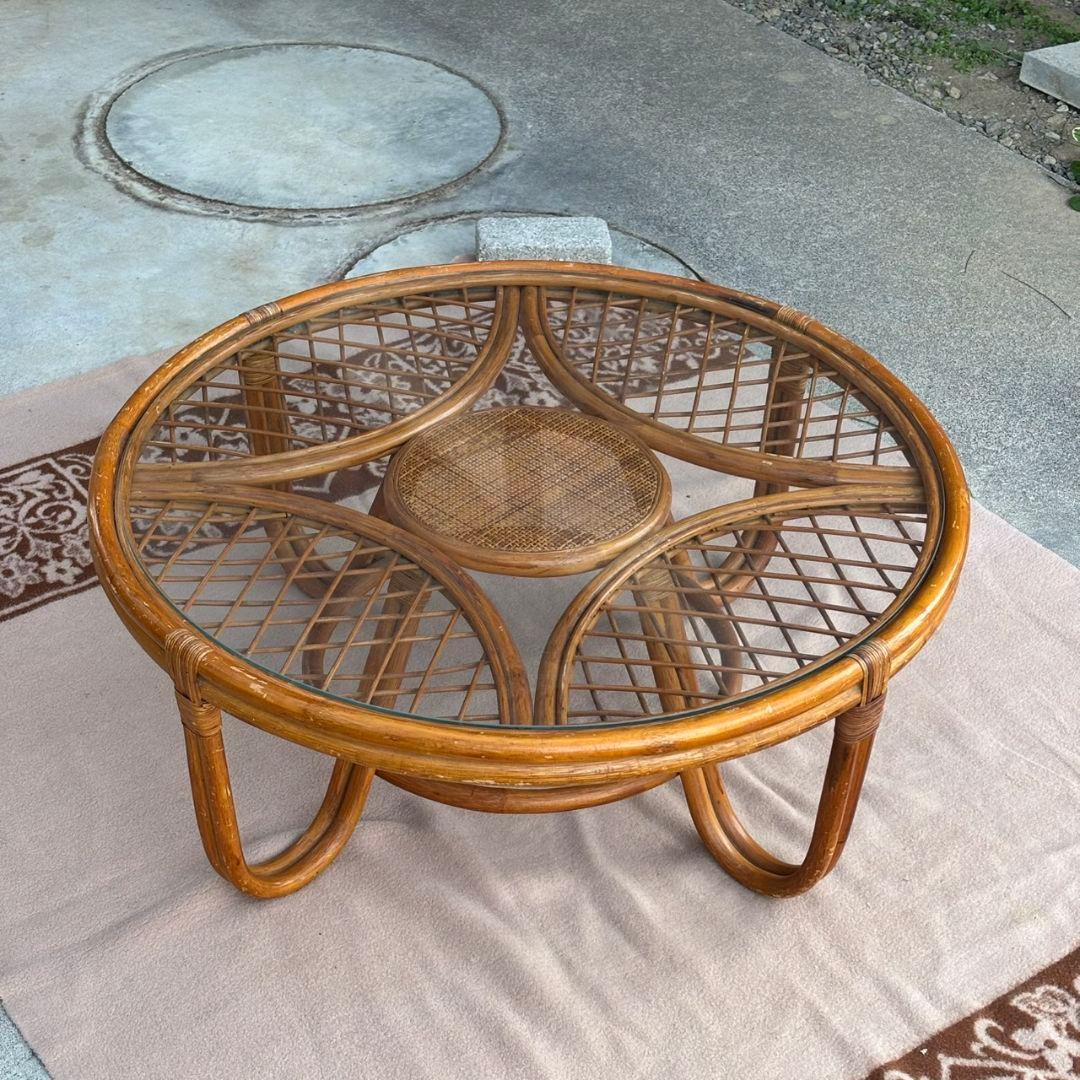 ヴィンテージ 丸ガラス ラタンテーブル 籐 ラウンド コーヒーテーブル 籐家具