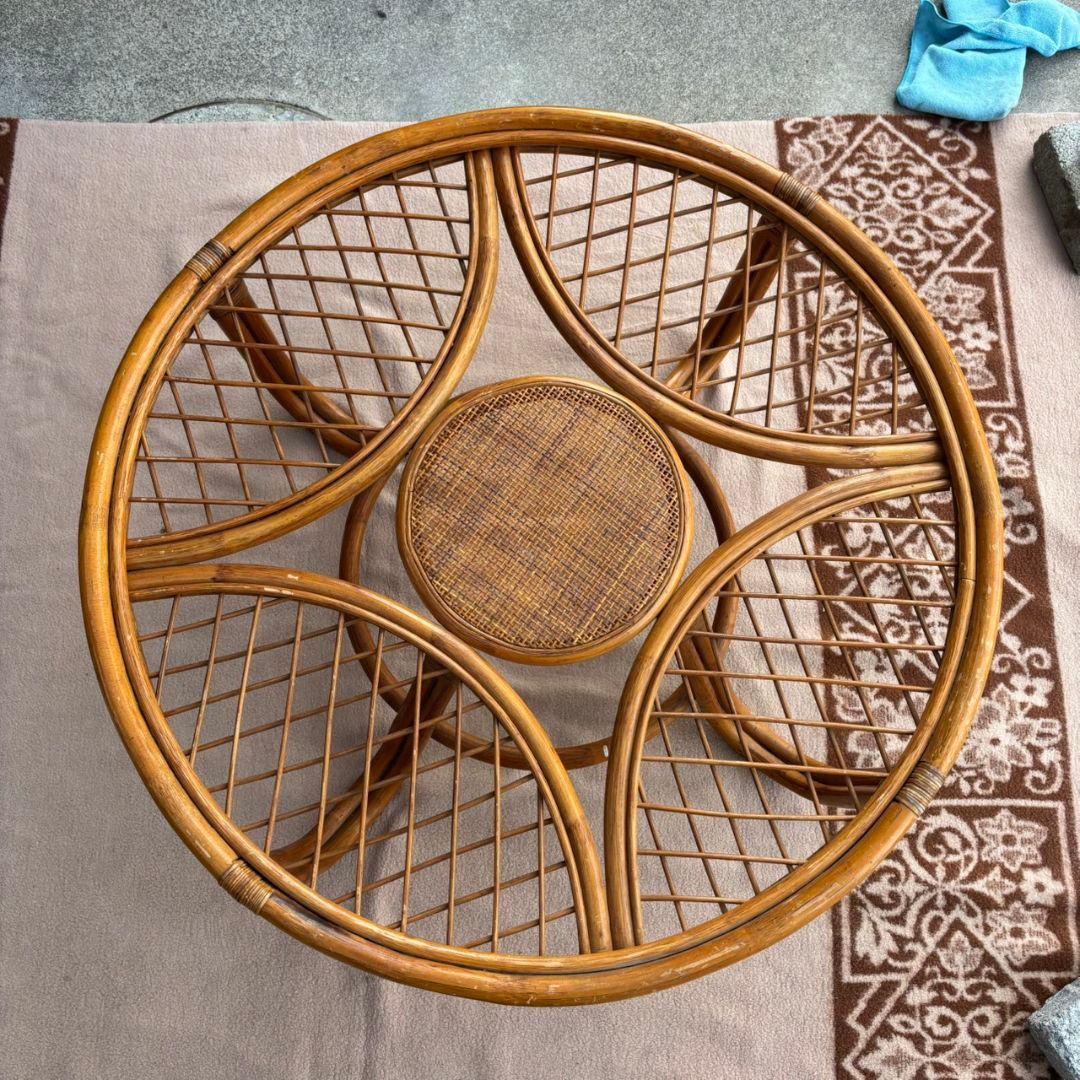 ヴィンテージ 丸ガラス ラタンテーブル 籐 ラウンド コーヒーテーブル 籐家具