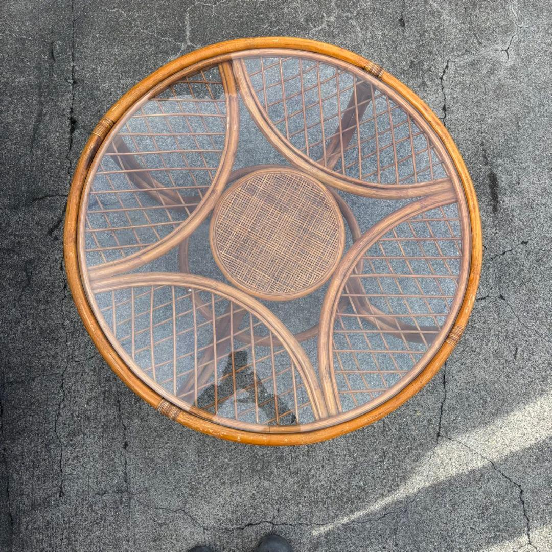 ヴィンテージ 丸ガラス ラタンテーブル 籐 ラウンド コーヒーテーブル 籐家具