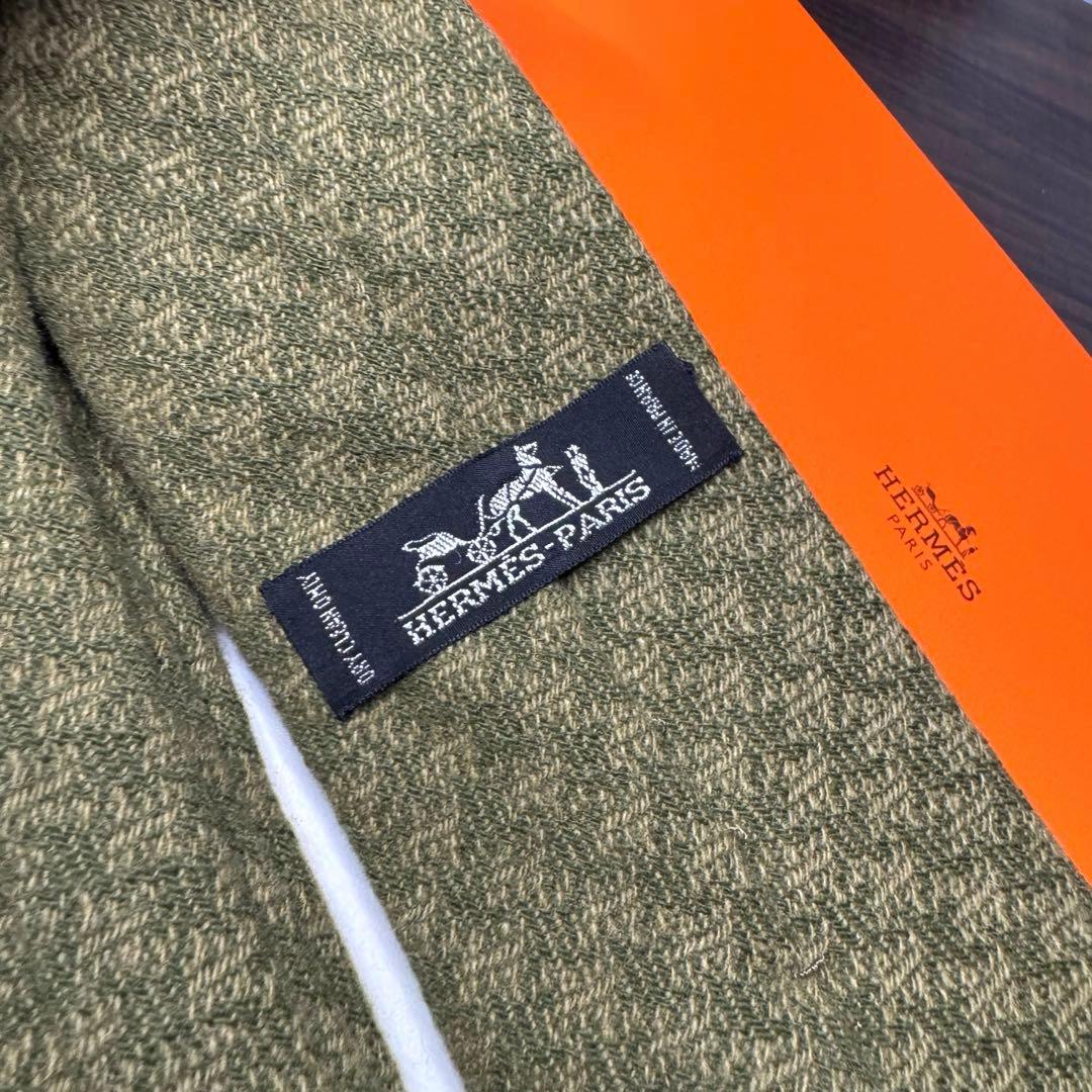 最高級 HERMES カシミヤ100% ヘリンボーン ネクタイ オリーブグリーン