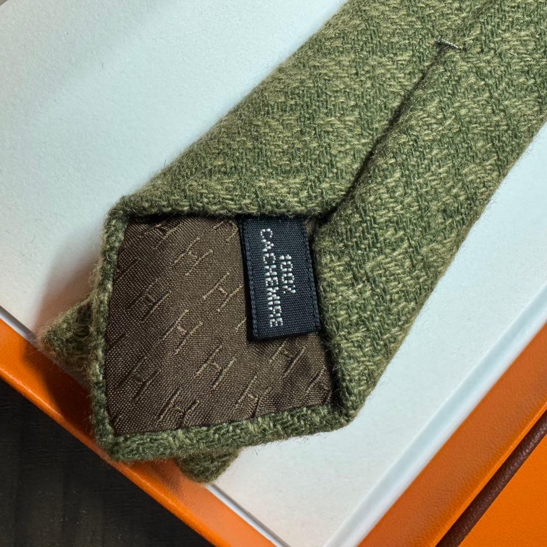 最高級 HERMES カシミヤ100% ヘリンボーン ネクタイ オリーブグリーン