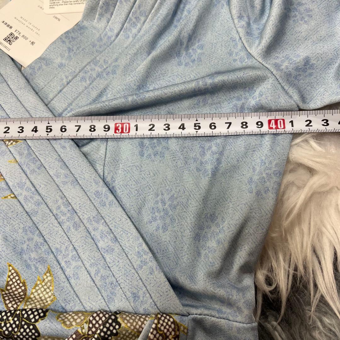 kay me シルク100%花あさぎ ワンピース 11号　定価8万　未使用タグ付