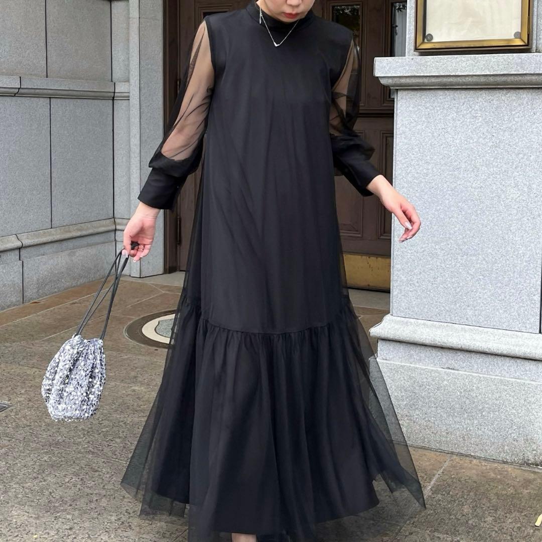 オケージョン　チュールワンピース シースルー袖ロングワンピース　ブラック