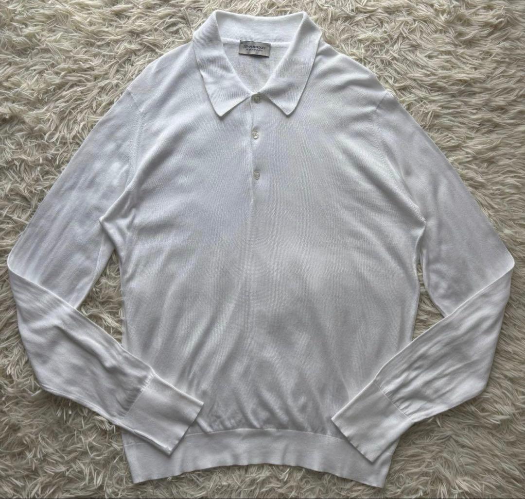 ジョンスメドレー　FINCHLEY長袖コットンニットポロシャツ白　ホワイト