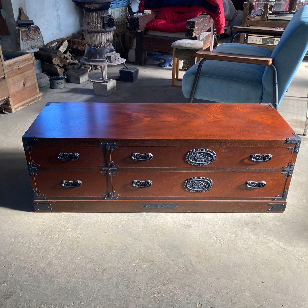 む*ま様 民芸箪笥 内桐 欅 牡丹の装飾金具 ローボード チェスト TVボード