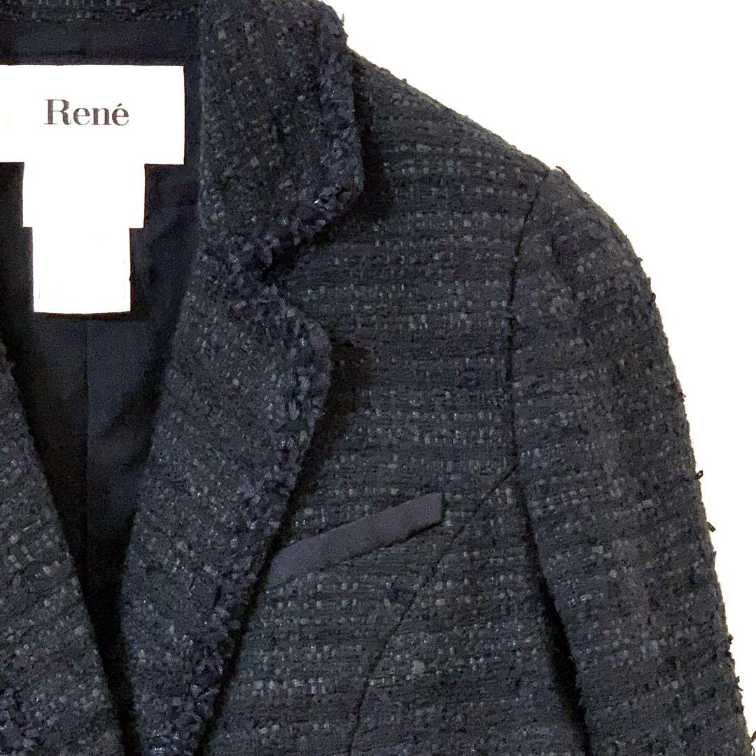 美品⭐️ショート丈 ツイードジャケット Rene TISSUE ボタン 黒 36