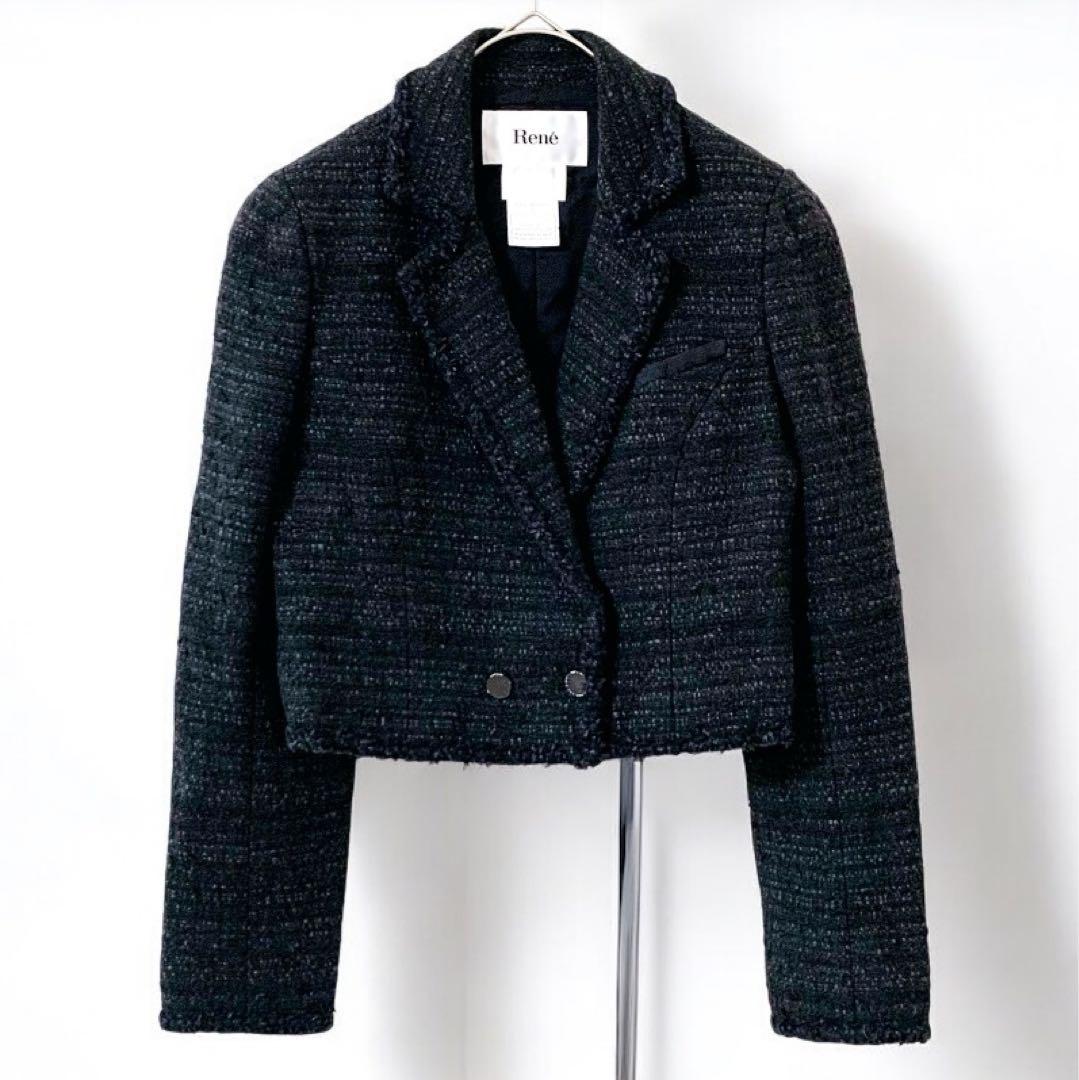 美品⭐️ショート丈 ツイードジャケット Rene TISSUE ボタン 黒 36