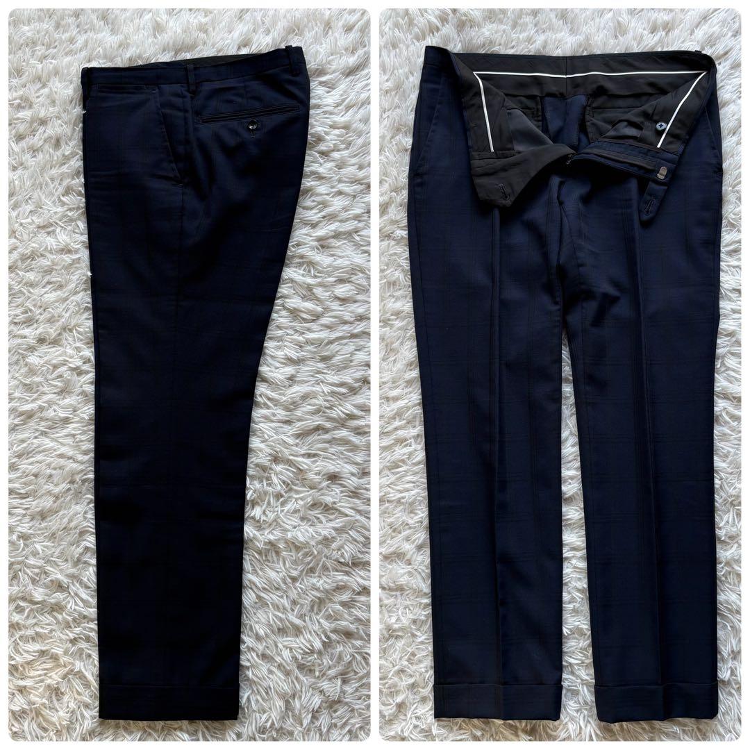 美品 SUIT SELECT スリーピース チェック 本切羽 濃紺 A4