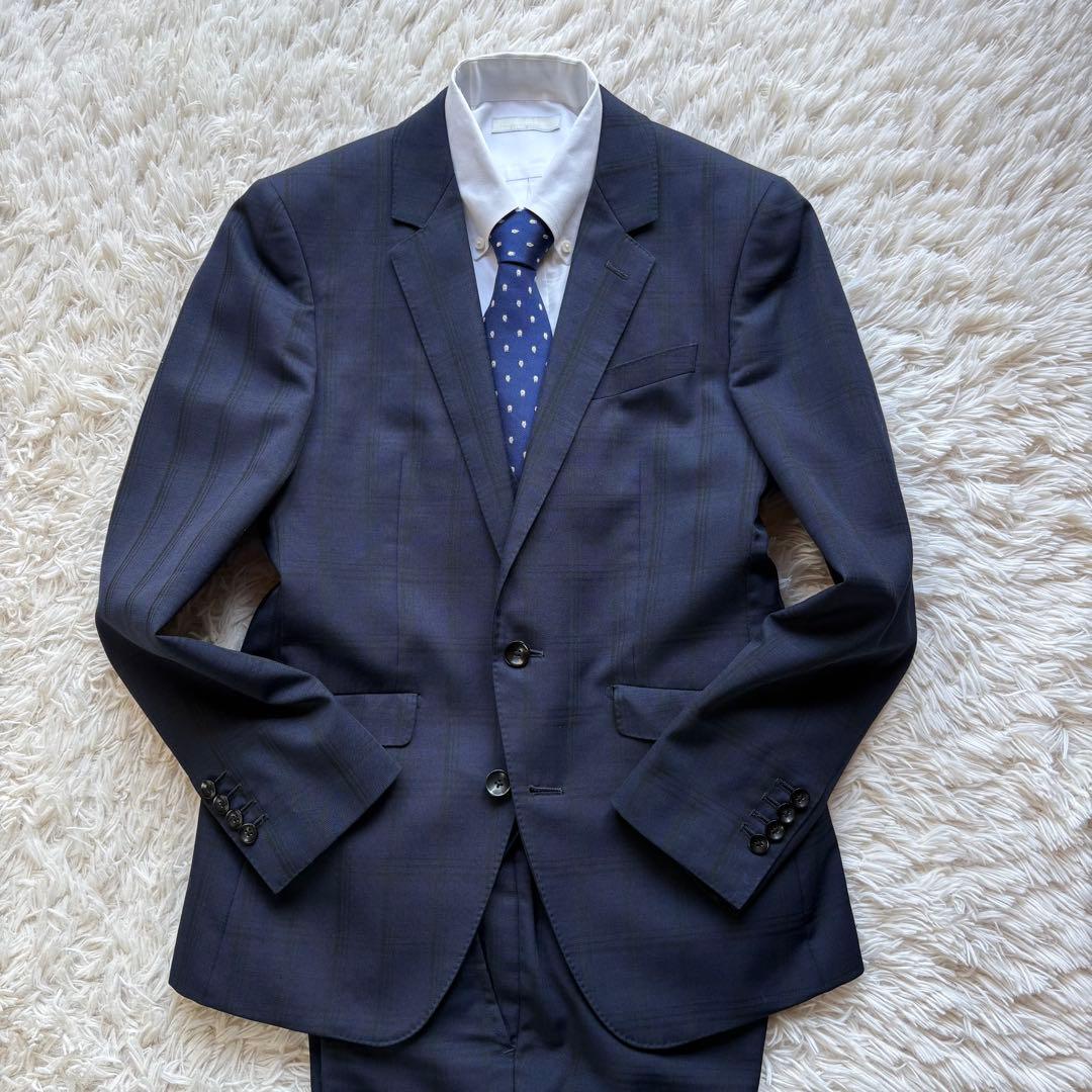 美品 SUIT SELECT スリーピース チェック 本切羽 濃紺 A4