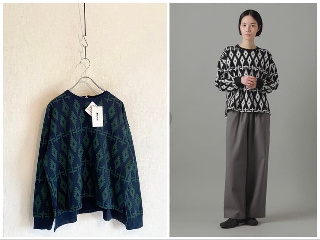 未使用タグ付 2025SS ZUCCa ブロックプリントスウェット M ネイビー