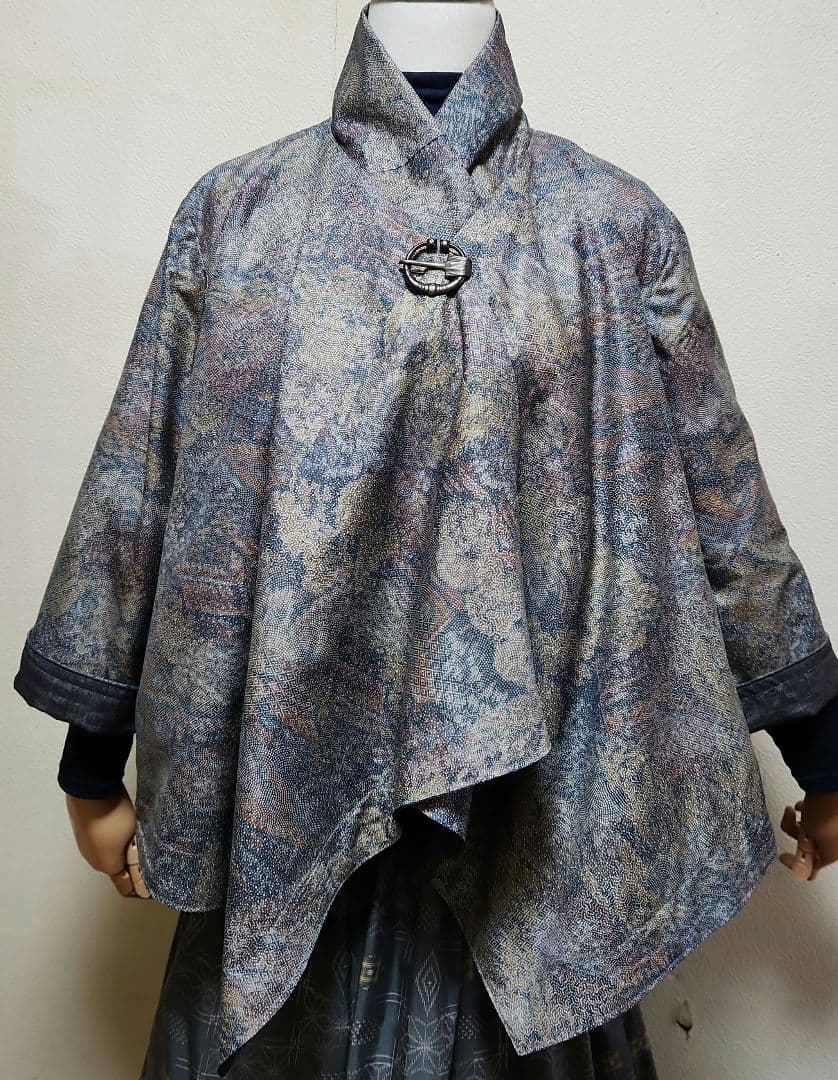 リバーシブル染大島紬&グレー無地紬リメイクドレ－プジャケットリバマフラー付き