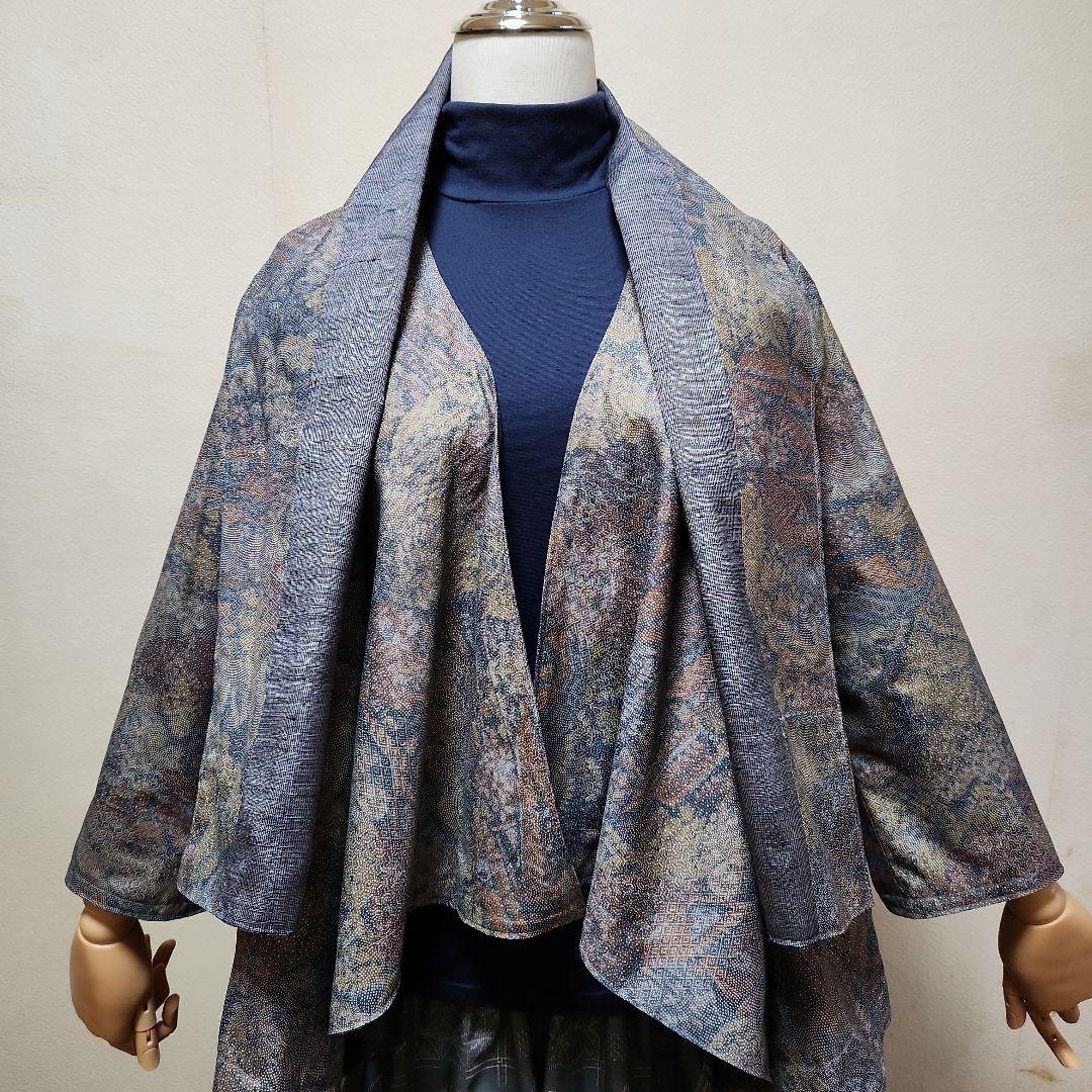 リバーシブル染大島紬&グレー無地紬リメイクドレ－プジャケットリバマフラー付き