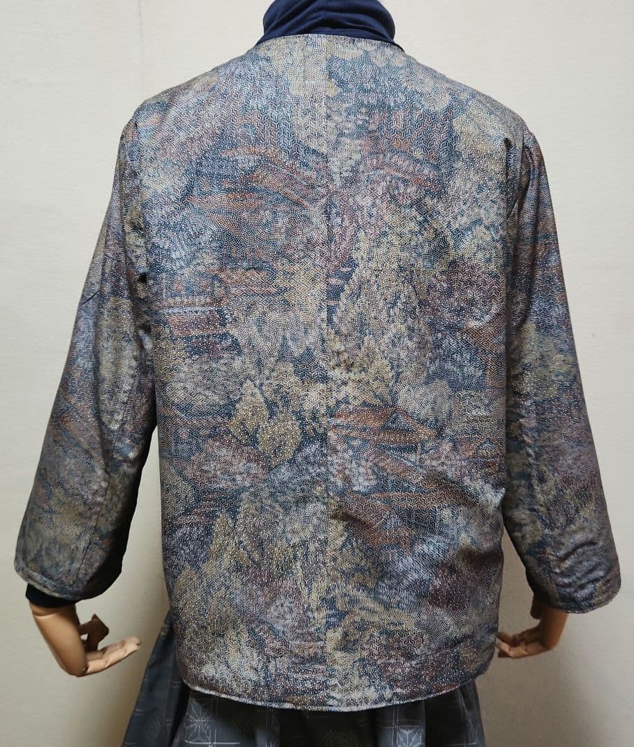 リバーシブル染大島紬&グレー無地紬リメイクドレ－プジャケットリバマフラー付き