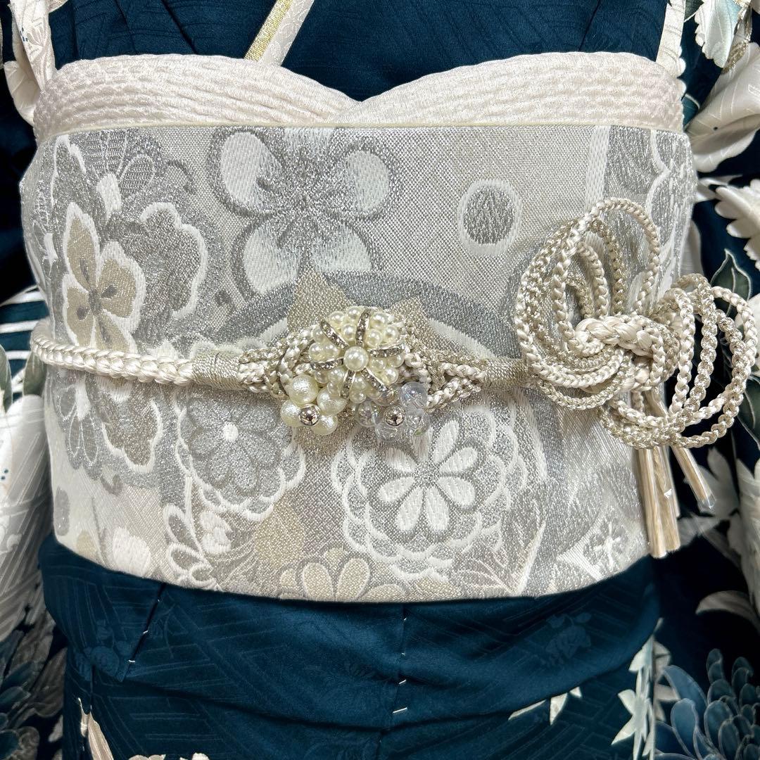 深緑のクールな牡丹と菊に流水の古典振袖フルセット