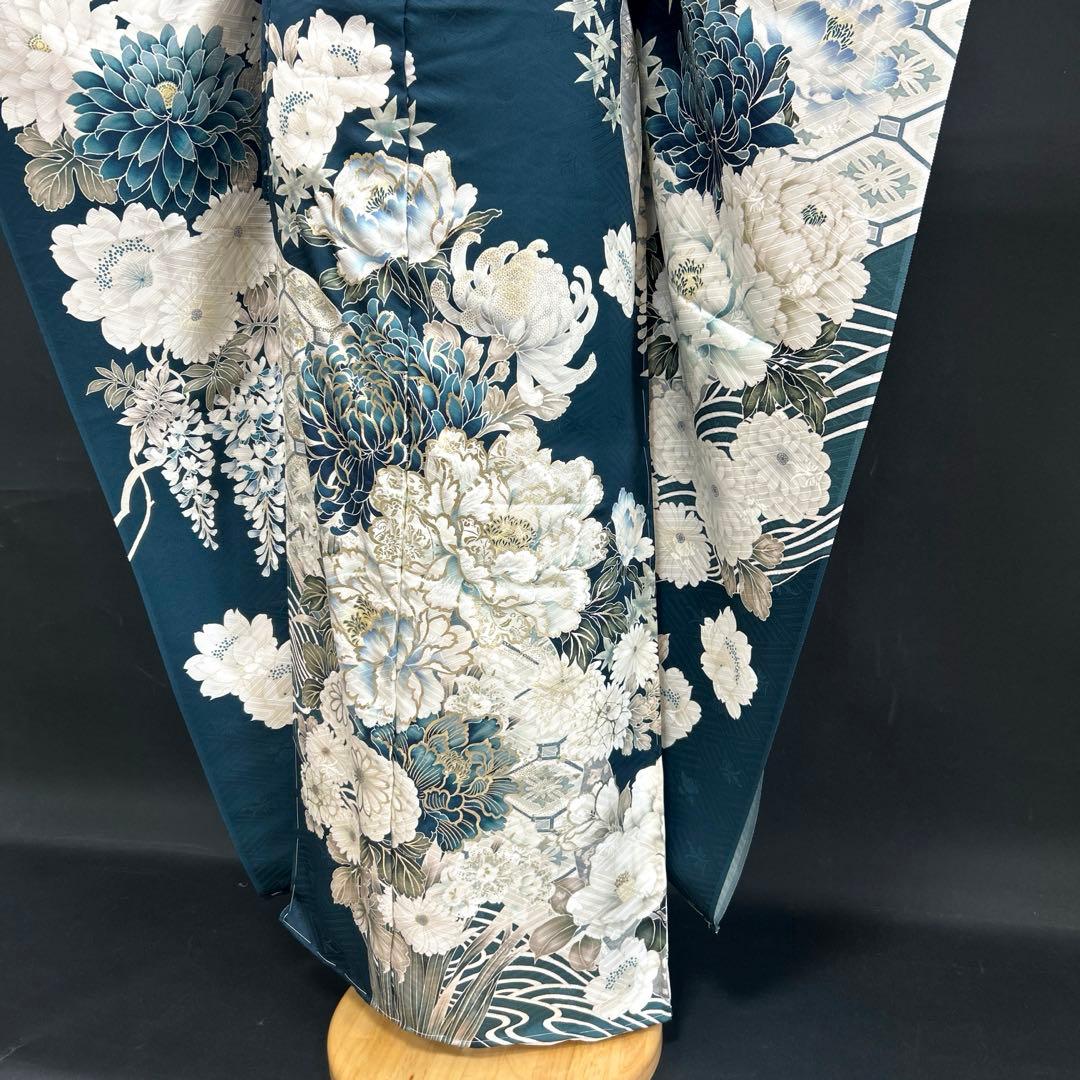 深緑のクールな牡丹と菊に流水の古典振袖フルセット