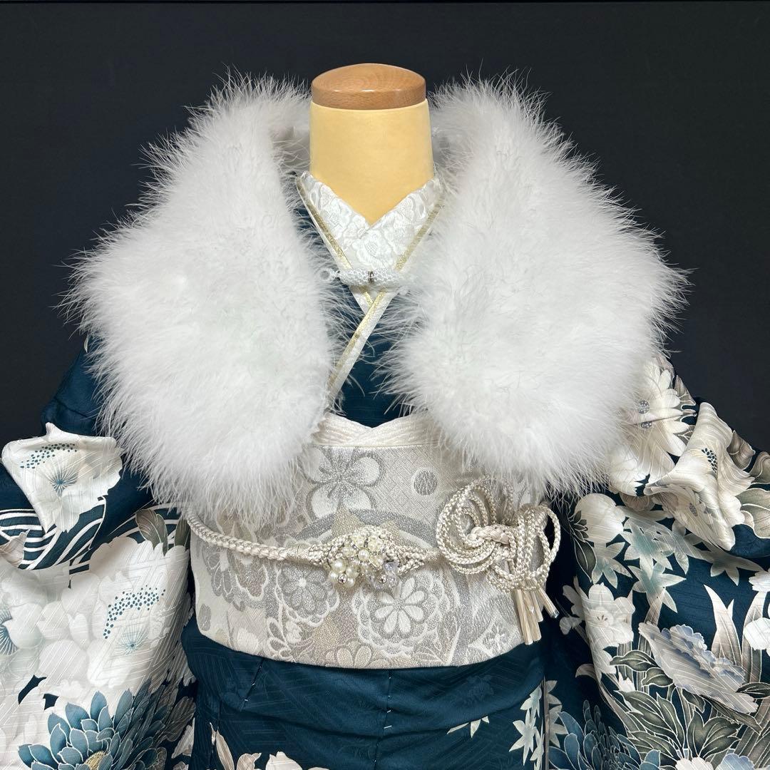 深緑のクールな牡丹と菊に流水の古典振袖フルセット