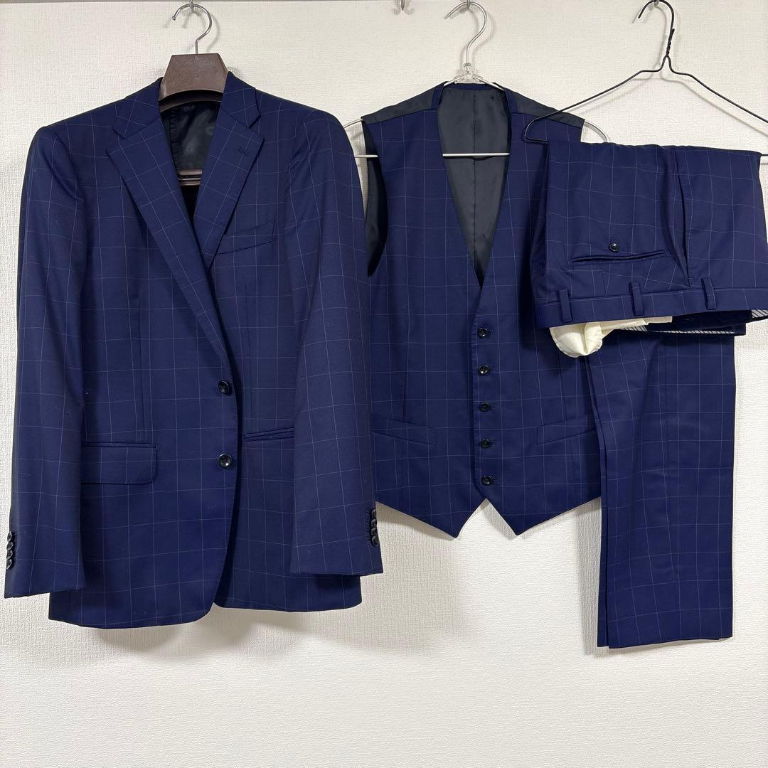 【極美品】HILTON スリーピーススーツ A5 ネイビー ウィンドウペン