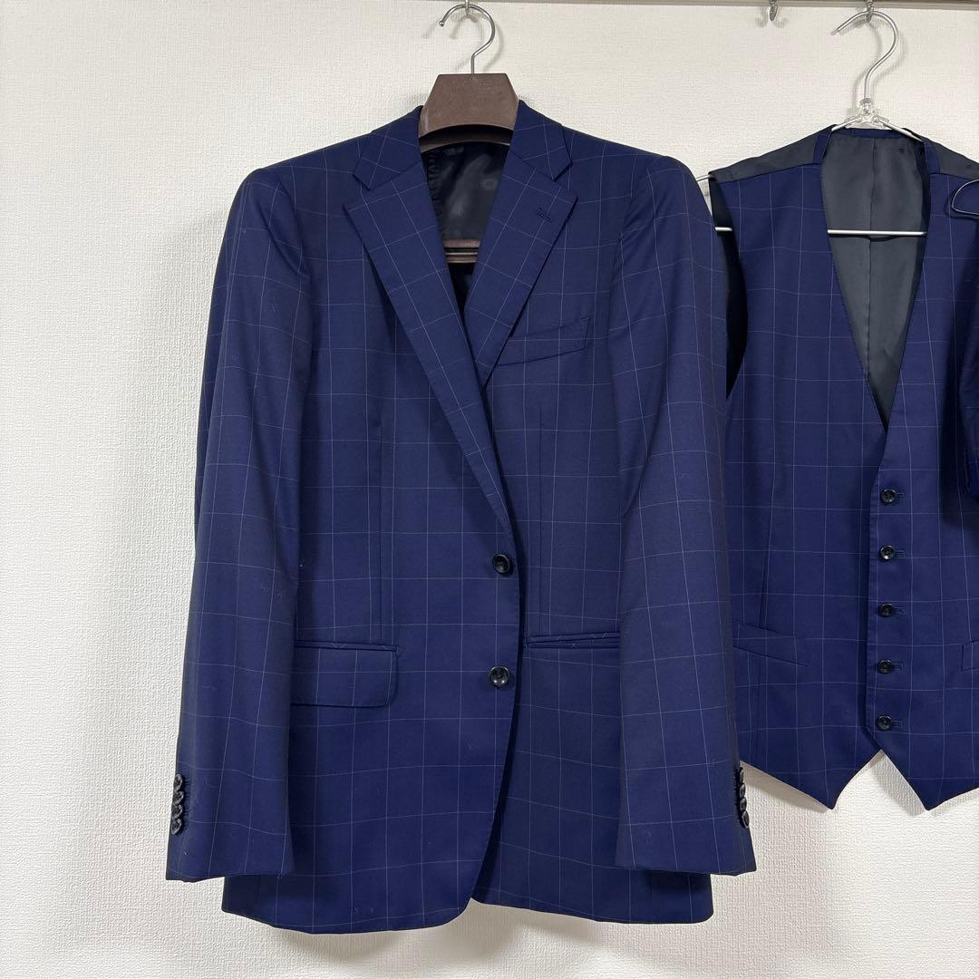 【極美品】HILTON スリーピーススーツ A5 ネイビー ウィンドウペン