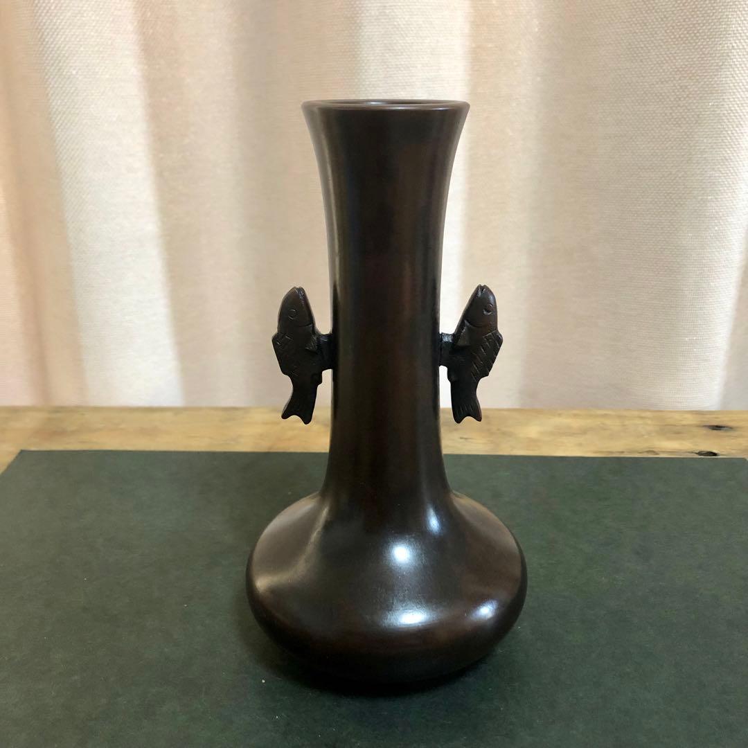 唐銅双鯉耳付花入 共箱 茶道具