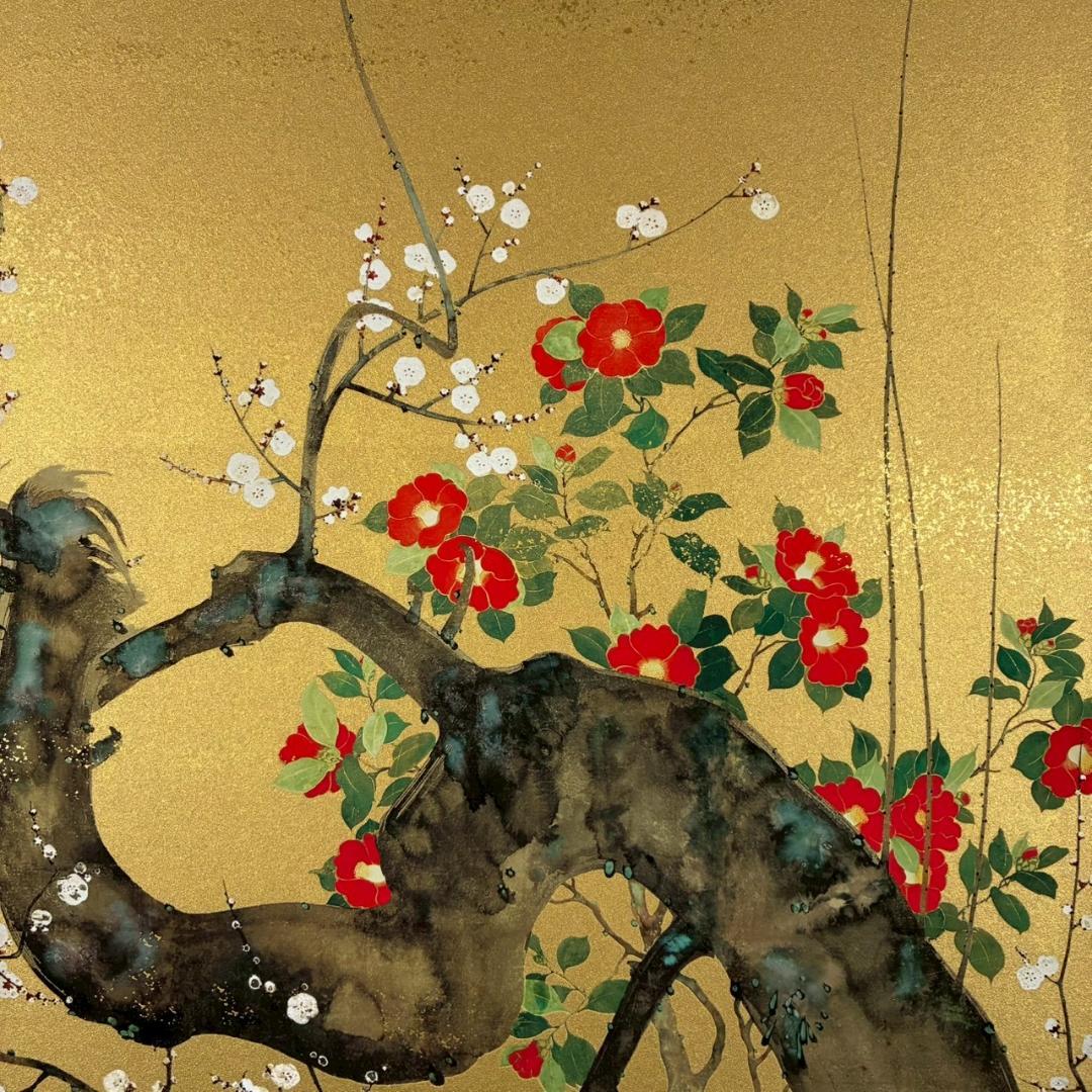 美品 鈴木其一「梅椿図屏風」工芸品 額縁入り 琳派 名画 和風 骨董 日本画