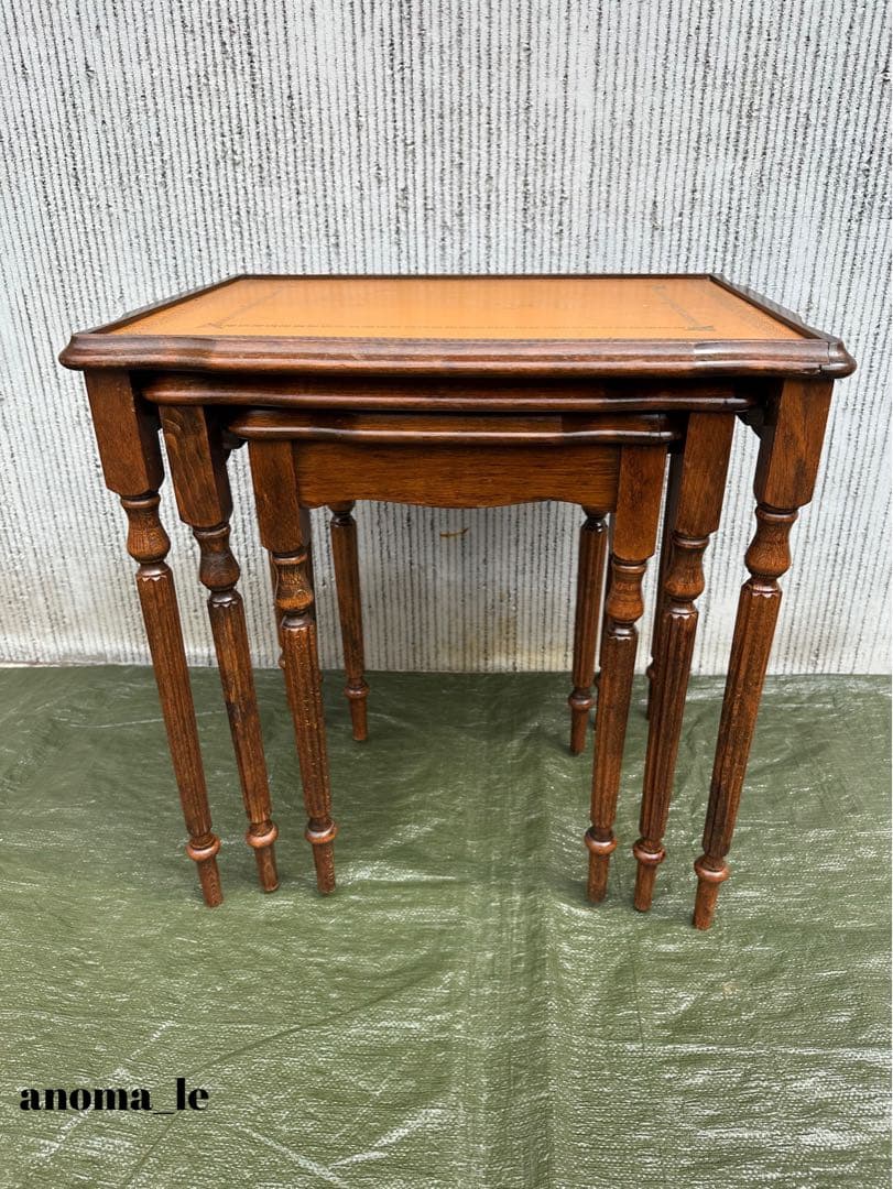 【ネストテーブル】木製　リーデッドレッグ　レザートップ　オケージョナル