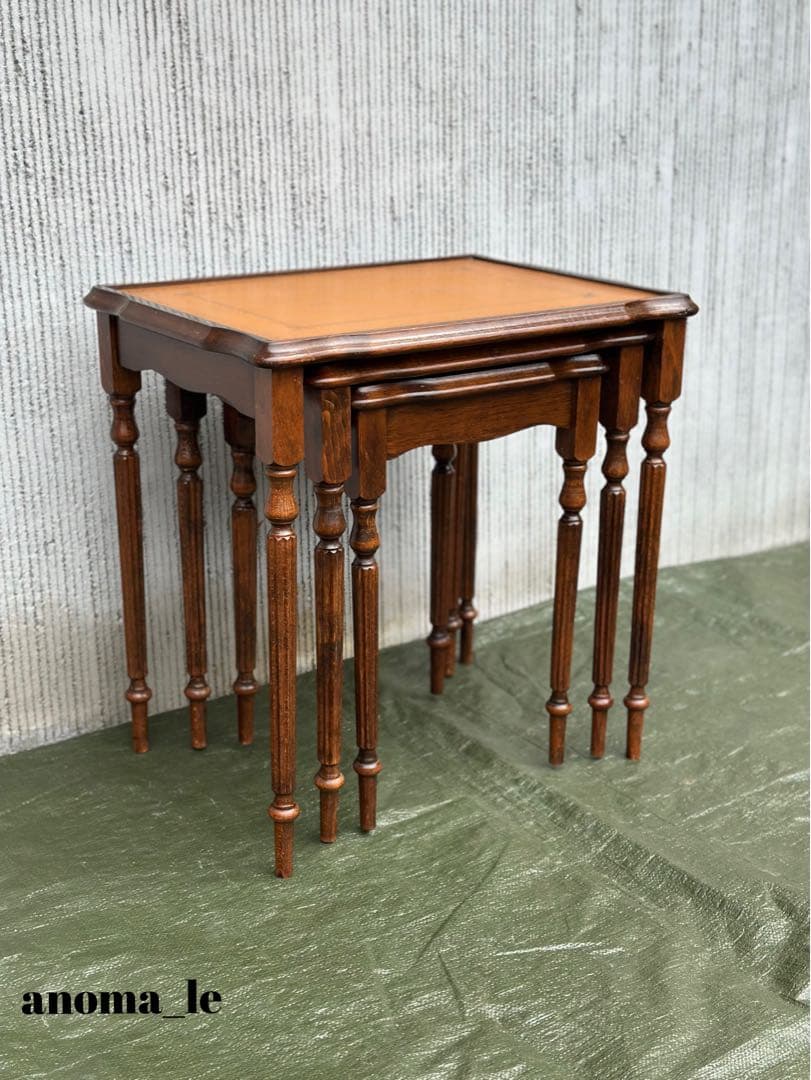 【ネストテーブル】木製　リーデッドレッグ　レザートップ　オケージョナル