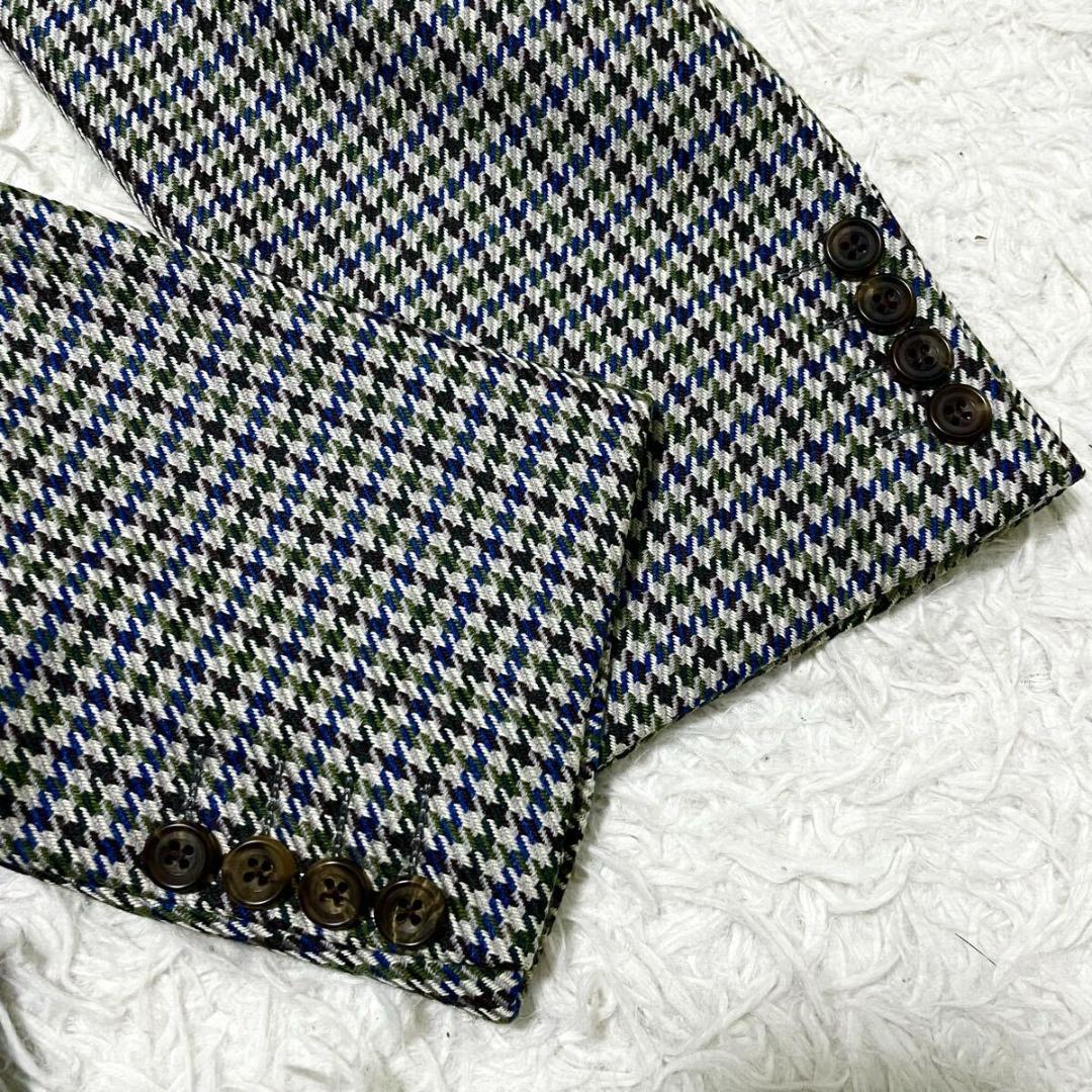 XL相当　バーバリー　カシミヤ　テーラードジャケット　千鳥格子柄　ブルーグリーン