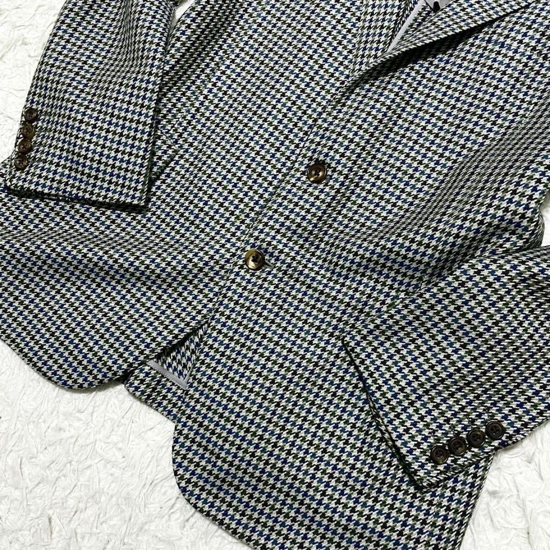 XL相当　バーバリー　カシミヤ　テーラードジャケット　千鳥格子柄　ブルーグリーン