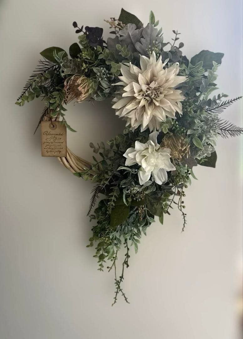 ＊ぷりこて　フラワーリース＊　特大　ダリアとユーカリのナチュラルリース