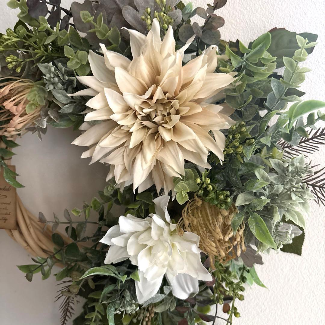 ＊ぷりこて　フラワーリース＊　特大　ダリアとユーカリのナチュラルリース