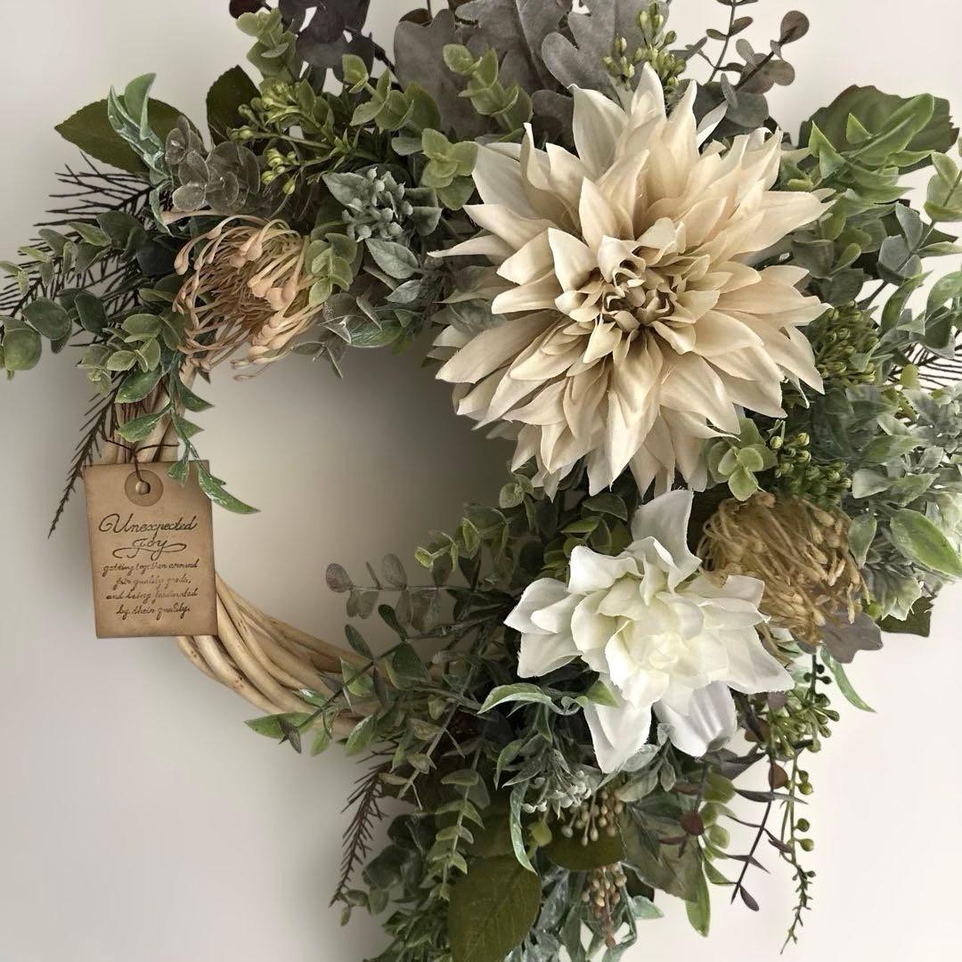 ＊ぷりこて　フラワーリース＊　特大　ダリアとユーカリのナチュラルリース