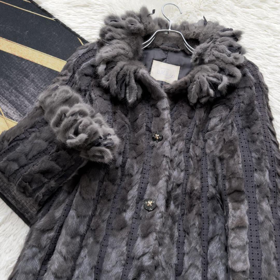総丈95/激レアデザイン◎ グレー ミンク ロング ファーコート 毛皮 エンバ