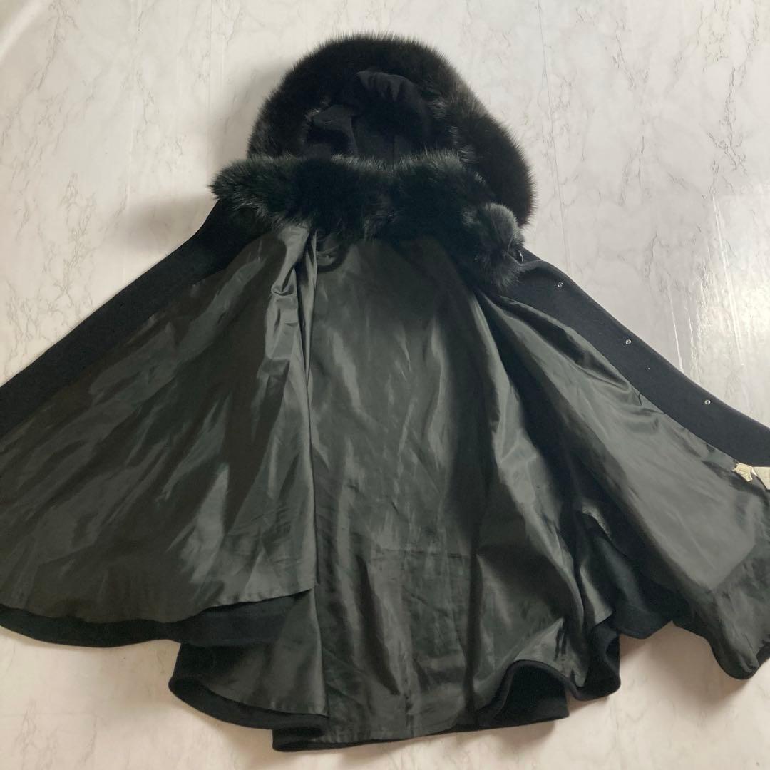 美品　フォックスファー アンゴラ混　ファー付フードポンチョ　サイズフリー　黒