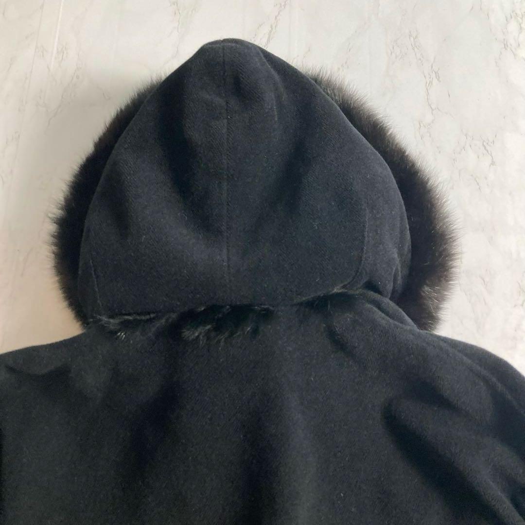 美品　フォックスファー アンゴラ混　ファー付フードポンチョ　サイズフリー　黒