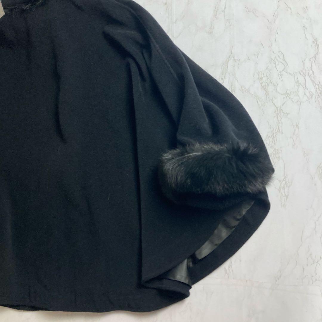 美品　フォックスファー アンゴラ混　ファー付フードポンチョ　サイズフリー　黒