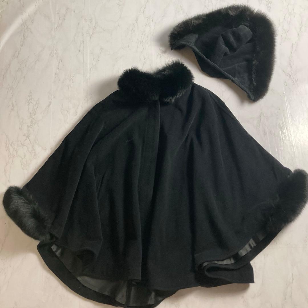 美品　フォックスファー アンゴラ混　ファー付フードポンチョ　サイズフリー　黒