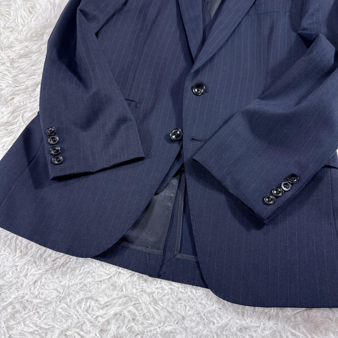 【美品】スーツセレクト スリーピーススーツ ストライプ A4 ネイビー スリム