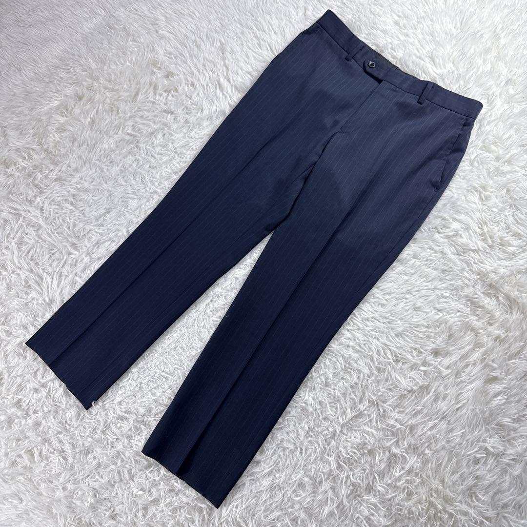 【美品】スーツセレクト スリーピーススーツ ストライプ A4 ネイビー スリム